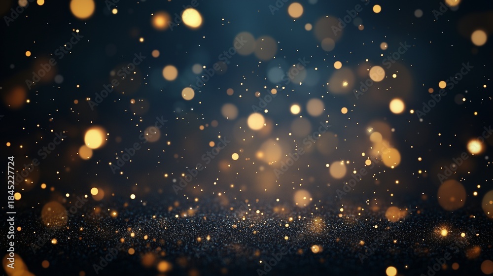 Fototapeta premium Abstract soft-focus illustration of warm golden bokeh lights shimmering against a deep dark blue background.