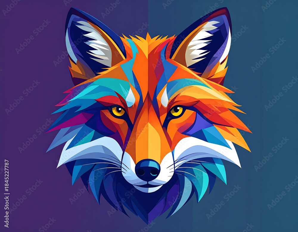 Fototapeta premium A vibrant, geometric illustration of a fox's head with a frontal view. The design showcases an array of colorful polygon shapes