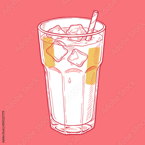 Iced drink vector sketch.Refreshing beverage illustration.Outline glass with straw.Vintage soda drawing.Retro cocktail doodle