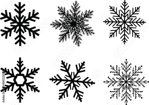 A Collection of Six Distinct Snowflake Illustrations Showcasing Intricate and Varied Designs