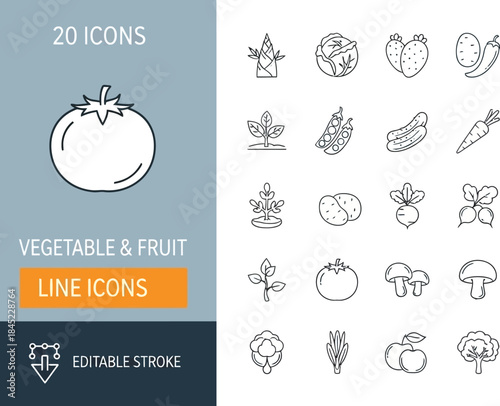 Vector Set of Vegetable and Fruit Line Icons for Healthy Eating and Grocery Shopping