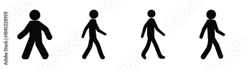 Four simple black stick figures walking in sequence