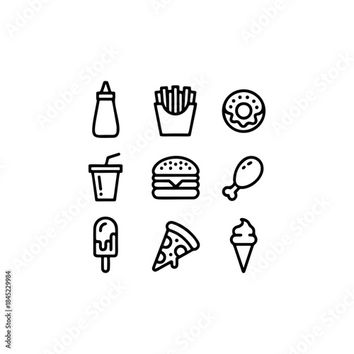A set of nine bold black and white outline vector icons representing popular fast food items like a burger, fries, pizza slice, donut, and soft serve ice cream.