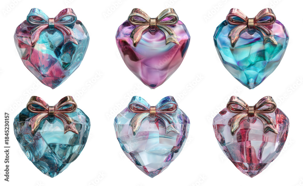 Fototapeta premium Colorful Glass Heart Emblems with Glossy Ribbons and Translucent Effects
