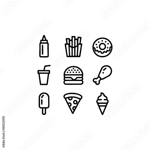 A set of nine bold black and white outline vector icons representing popular fast food items like a burger, fries, pizza slice, donut, and soft serve ice cream.