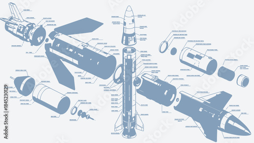 Exploded view of a rocket and space shuttle technical blueprint illustration for aerospace industry 