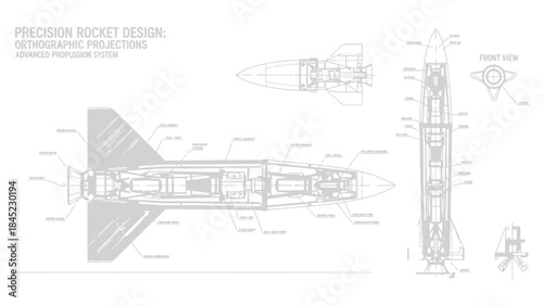 Precision rocket design blueprint orthographic projections with detailed internal components advance