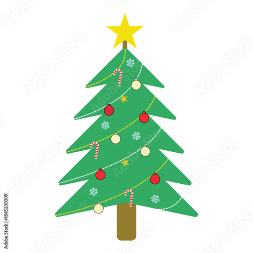 Illustration of a Christmas tree complete with decorations such as stars, candy canes, snowflakes, and colorful balls