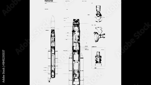 Detailed blueprint of a rocket technical drawing with cross-section view engineering schematic for a