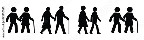 Elderly couple holding hands walking with cane