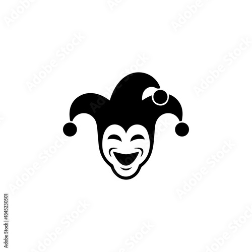 A laughing joker or court jester face with a traditional hat and bells, rendered in a bold black and white vector style, ideal for gaming or entertainment.