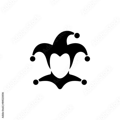 A laughing joker or court jester face with a traditional hat and bells, rendered in a bold black and white vector style, ideal for gaming or entertainment.