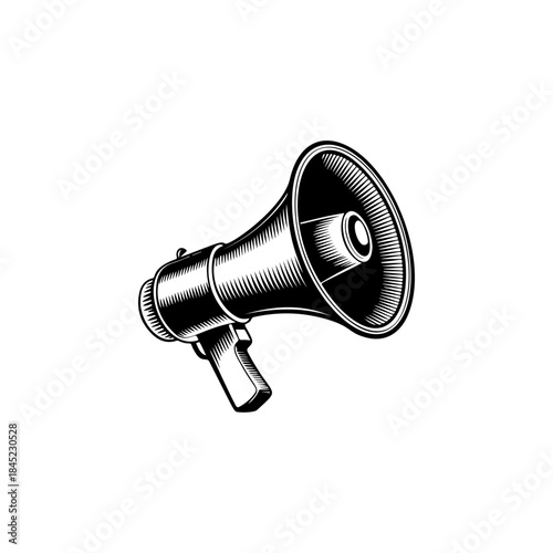 A retro-style, black and white vector graphic of a megaphone or bullhorn, symbolizing communication, protest, announcement, attention, and urgency.