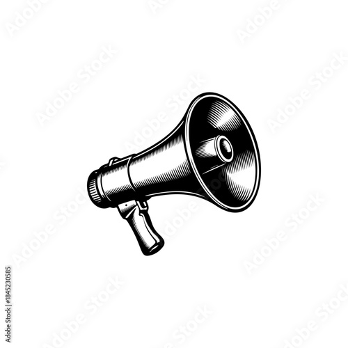 A retro-style, black and white vector graphic of a megaphone or bullhorn, symbolizing communication, protest, announcement, attention, and urgency.