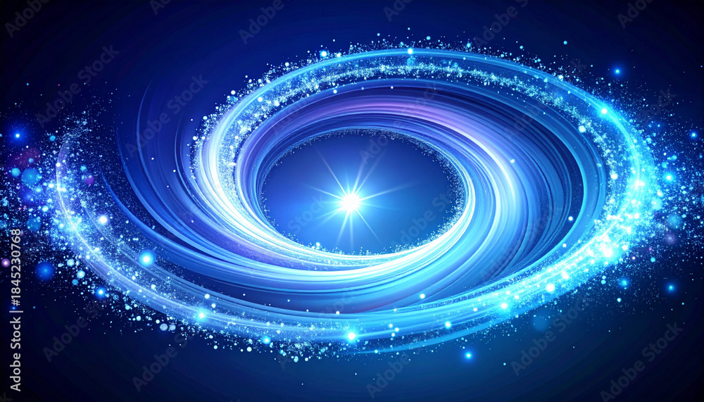 Fototapeta premium 中心から放射する青い光の楕円形リングと星の煌めき