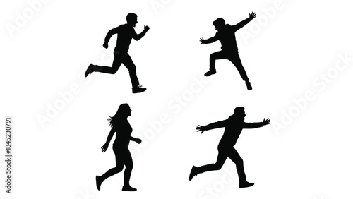 Collection of four dynamic black silhouettes depicting people running jumping and moving with energy