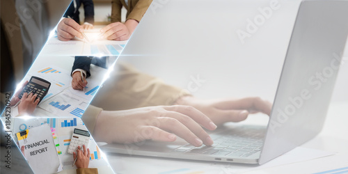 Collage of Financial Analysis and Reporting with Laptop and Calculator