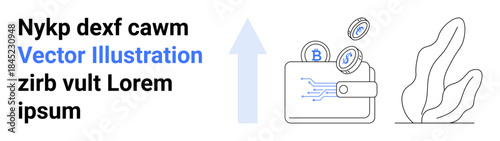 Cryptocurrency, blockchain, investment, financial growth, fintech, e-wallet. A digital wallet emitting coins next to a rising arrow and plant outline. Cryptocurrency and financial growth concept