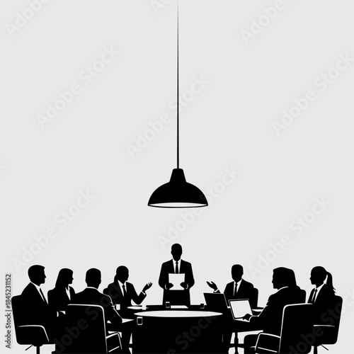 Corporate business meeting silhouette. Professionals gather for strategic discussion at a conference table, symbolizing teamwork, collaboration, and executive decisions