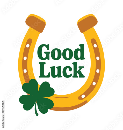 A vibrant good luck horseshoe vector illustration featuring a lucky fourleaf clover and a hopeful greeting