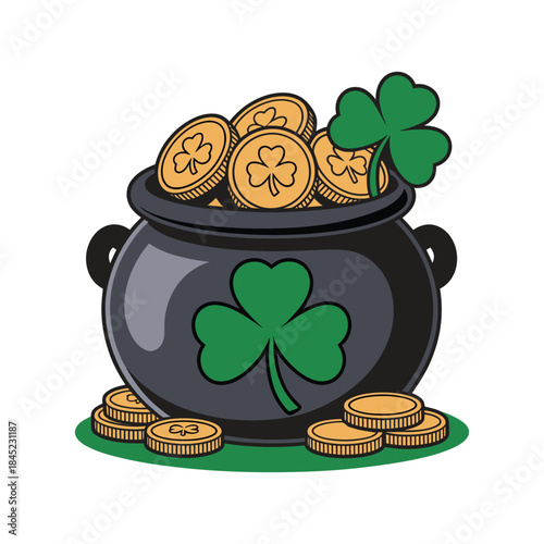 black pot of gold coins and shamrocks clip art preview