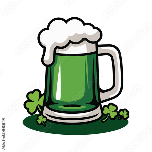 Festive green beer mug illustration with frothy foam and lucky shamrocks for St Patricks Day celebration