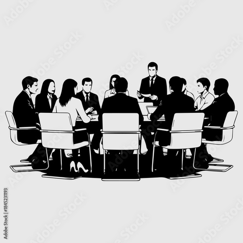 Business meeting illustration of people sitting around a round table discussing ideas