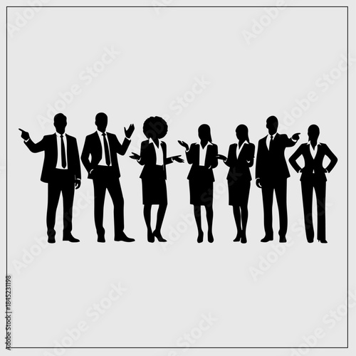 Diverse group of business professionals standing and pointing in different directions representing collaboration and direction