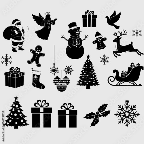 Festive Holiday Season Black Silhouettes Collection – Christmas Winter Icons and Decorative Elements Vector Set for Design Projects and Celebrations