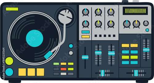 Minimalist DJ Turntable and Mixer Illustration, Flat Party Music Equipment Vector