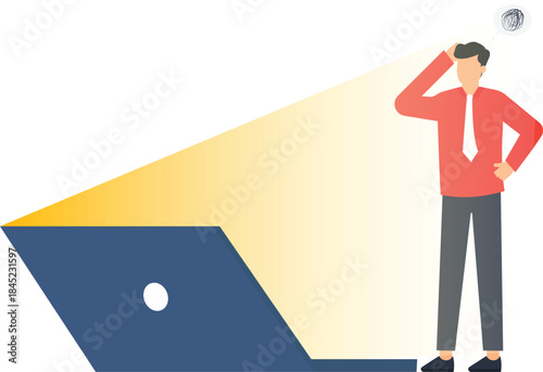 Confused businessman facing business problem looking at laptop screen with technical issue finding solution under work stress thinking hard about complex task for project deadline and data analysis