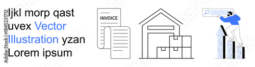 Logistics, e-commerce, business analysis, inventory management, financial growth, data tracking. invoices, a warehouse and a person analyzing growth charts. Logistics and e-commerce concepts