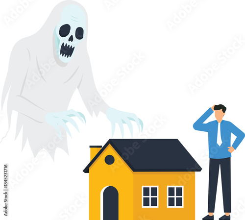Haunted house with spooky ghost and confused businessman representing real estate fear property risk financial crisis and mortgage debt problems