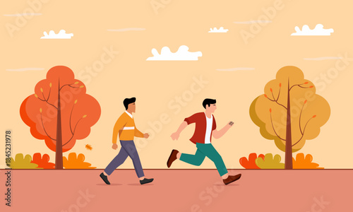 Vector flat illustration of two men enjoying beautiful colorful autumn trees