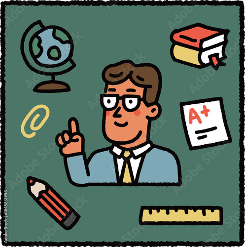 Cute hand-drawn teacher illustration pointing upward with books, globe, pencil, ruler, and A+ paper for education theme