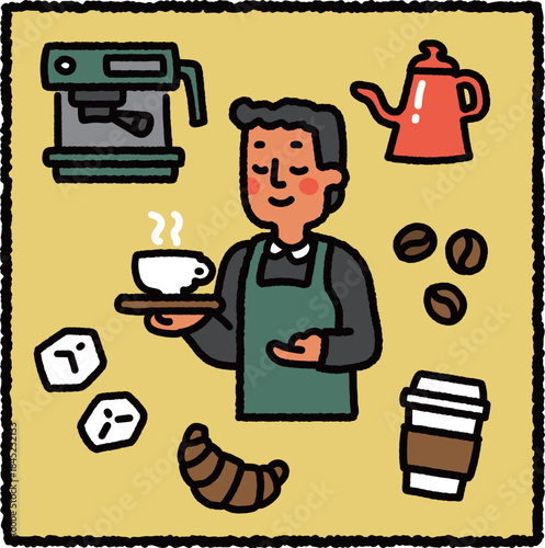 Cute hand-drawn barista illustration serving coffee with espresso machine, coffee beans, kettle and cafe elements
