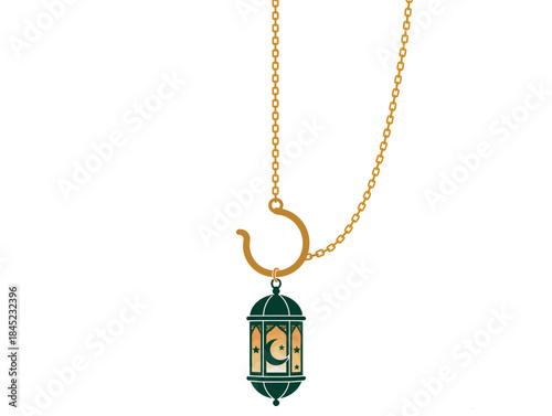Intricate Islamic lantern pendant adorning a delicate gold chain, symbolizing Ramadan and Eid celebrations