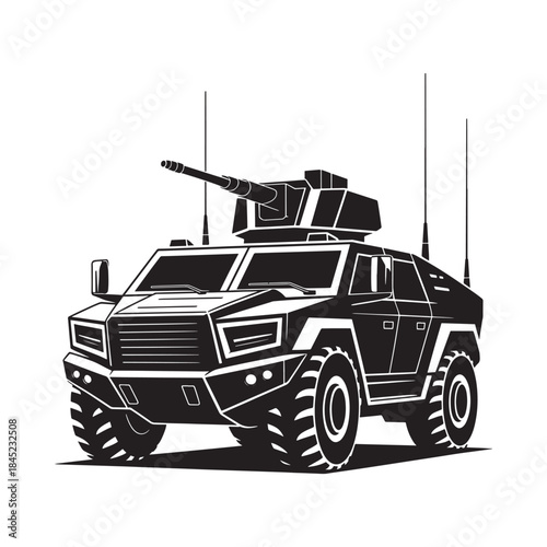 A striking black and white illustration of a modern military armored vehicle