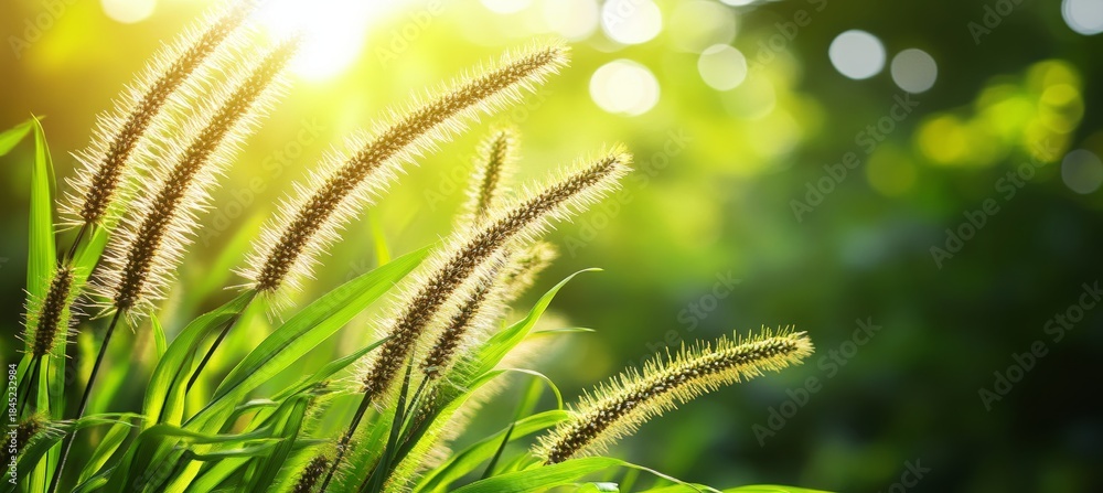 Fototapeta premium Abstract Nature Banner Fresh Grass Closeup Under Sunny Sky with Vibrant Environmental Growth