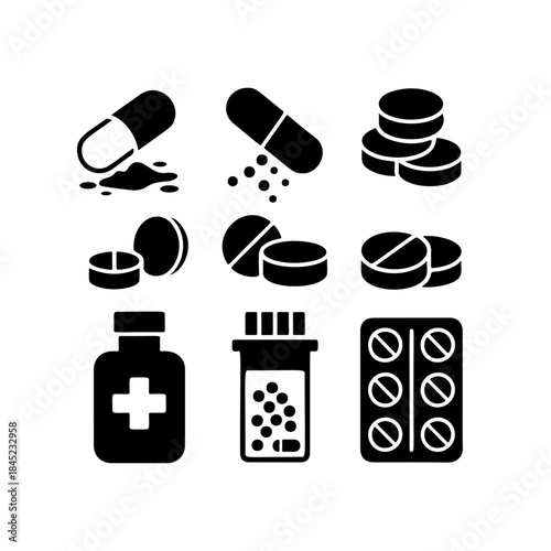 A set of black and white vector icons representing various pills, capsules, and medicine bottles, symbolizing pharmacy, healthcare, treatment, and pain relief.