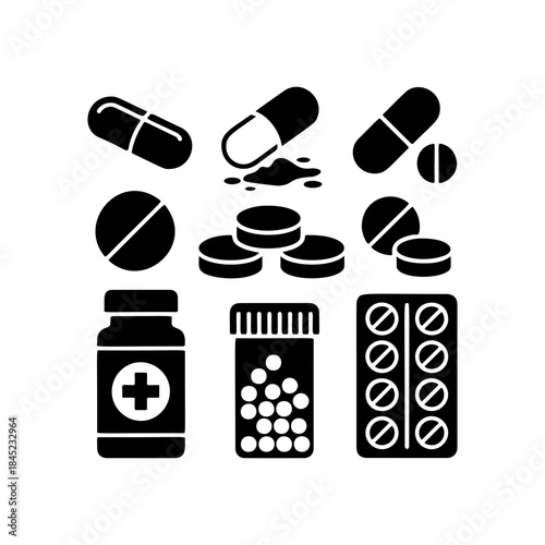 A set of black and white vector icons representing various pills, capsules, and medicine bottles, symbolizing pharmacy, healthcare, treatment, and pain relief.