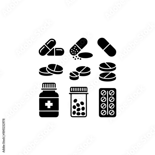 A set of black and white vector icons representing various pills, capsules, and medicine bottles, symbolizing pharmacy, healthcare, treatment, and pain relief.