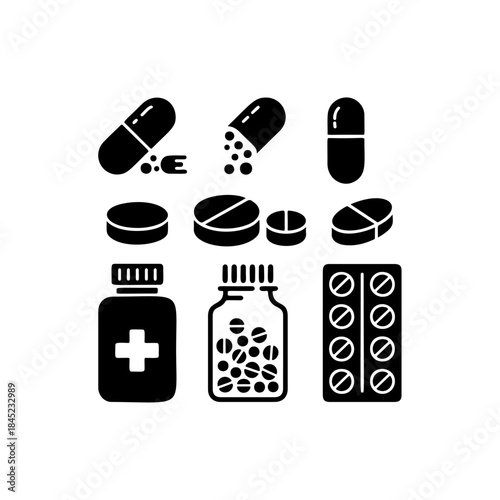 A set of black and white vector icons representing various pills, capsules, and medicine bottles, symbolizing pharmacy, healthcare, treatment, and pain relief.