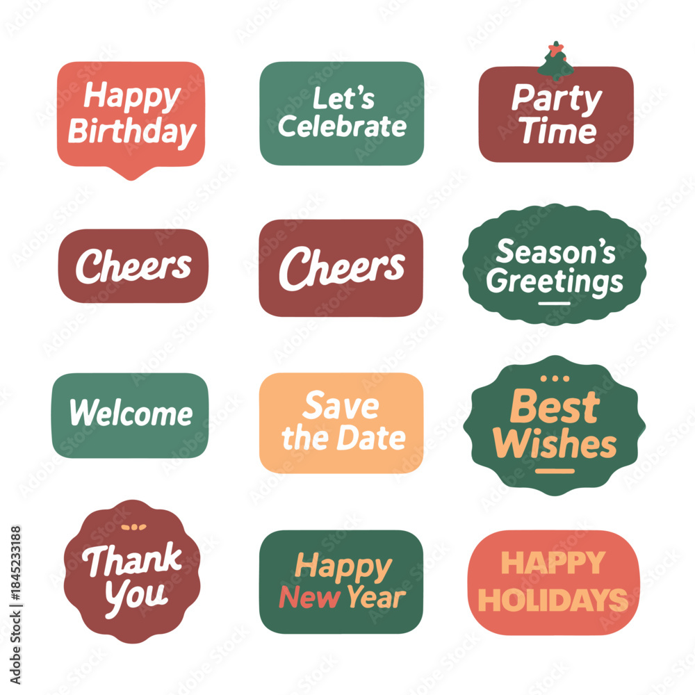 Obraz premium Seasonal Greeting Typography Elements Set, Flat Vector Labels and Cards on White Background for Graphic Design