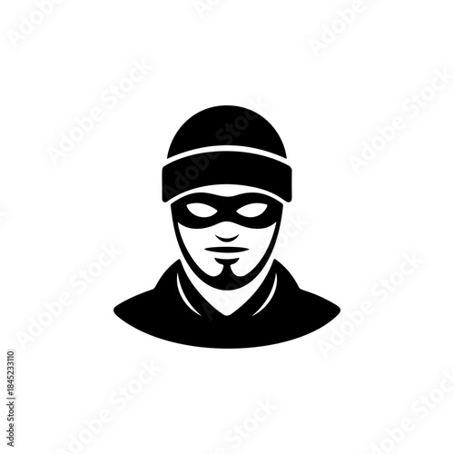 A black and white vector icon of a man in a beanie and mask, with a beard/mustache, symbolizing a robber, thief, or criminal activity and danger.