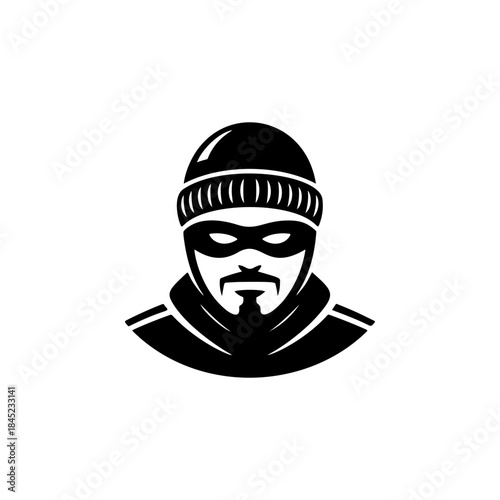 A black and white vector icon of a man in a beanie and mask, with a beard/mustache, symbolizing a robber, thief, or criminal activity and danger.