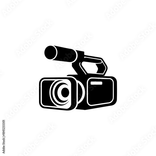 A bold black and white vector icon of a camcorder or video camera, symbolizing filming, recording, broadcasting, media production, and content creation.