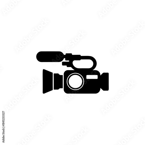 A bold black and white vector icon of a camcorder or video camera, symbolizing filming, recording, broadcasting, media production, and content creation.