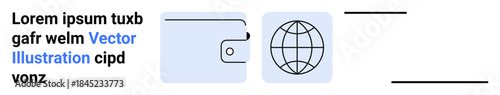 Online payments, global connectivity, finance tech, e-commerce platforms, mobile wallets, internet networks. Minimal style digital wallet and globe icon. Online payments and global connectivity