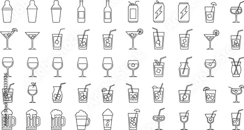 Drink and cocktail outline icon set featuring glasses, beverages, alcohol, juice, soda, and bar symbols